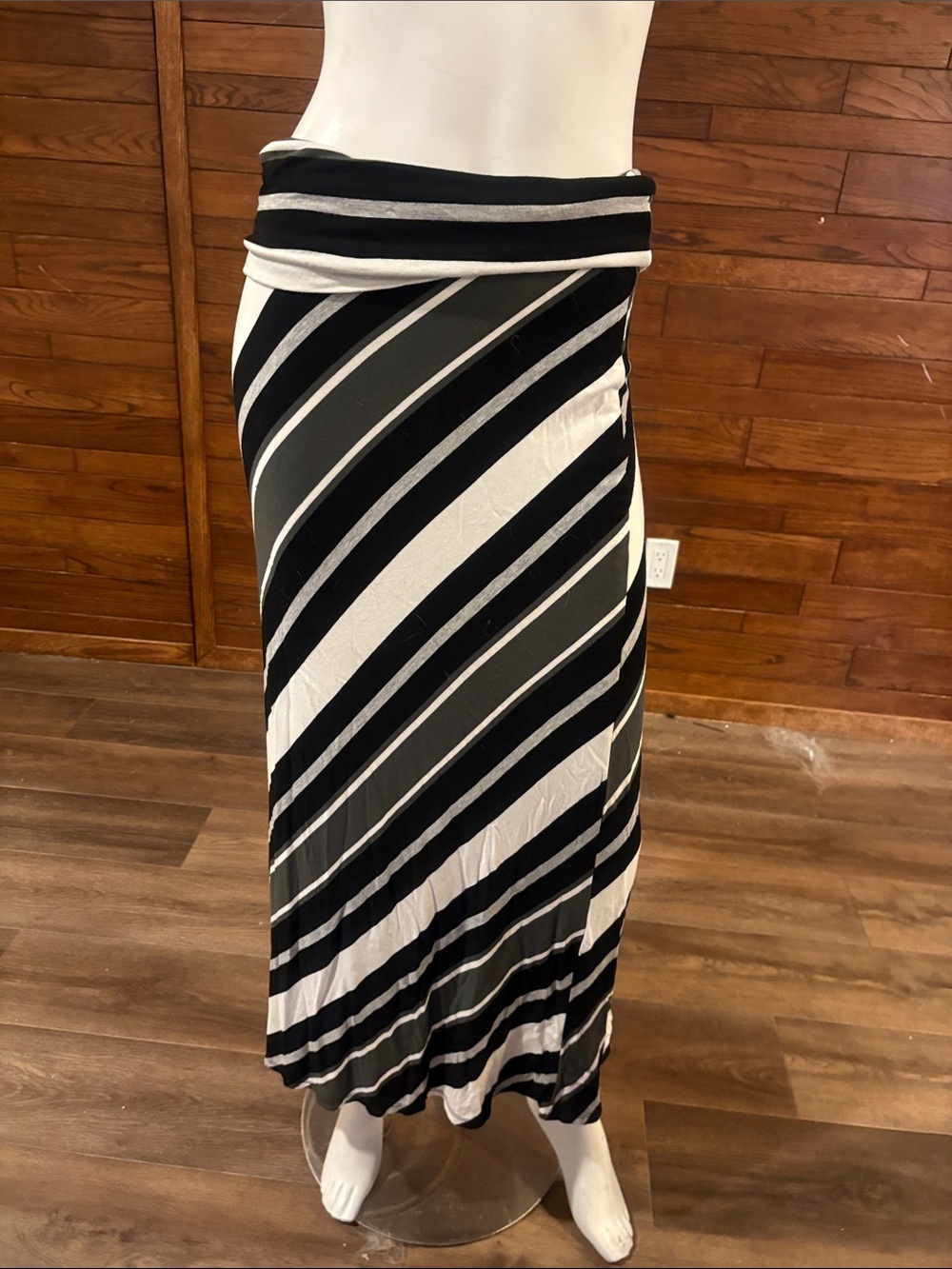 Denver Hayes Black & White Diagonal Stripe Maxi Skirt with Fold-Over Waist